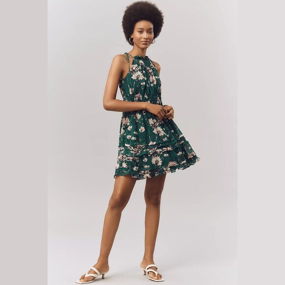 NEW The Somerset - Size L, Halter Floral Mini Dress, Dark Green by Anthropologie - Picture 3 of 4
